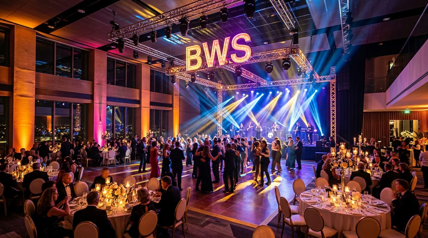 Eventhalle mit BWS Lichtkonzept: Warme Wandbeleuchtung, Traversen, Moving Heads und Partystimmung
